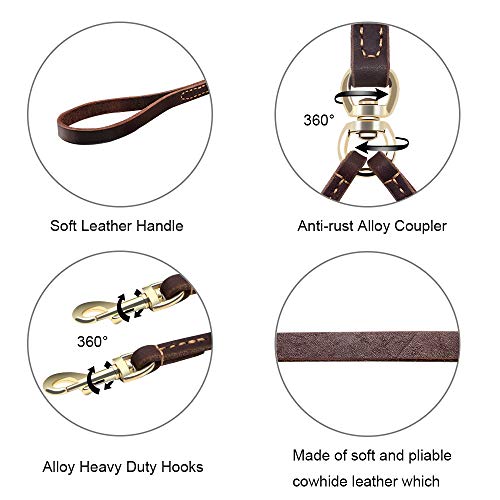 Wellbro Real Leather Double Dog Leash, No Tangle Dual Dog Leashes With Heavy Duty Shiny Coupler, 5 Feet Pet Training And Walking Leads For 2 Puppies, Small And Medium Dogs, Brown #TOP2