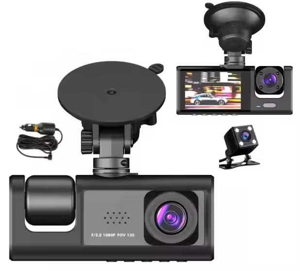 Image of CLOUDSALE WiFi 3 Lens Car Dash Camera 1080P DVR | Triple Channel DashCam Front Inside Rear | IR Night Vision | Loop Recording | 24H Parking Monitor | Car Black Box Video Recorder with Reversing Camera