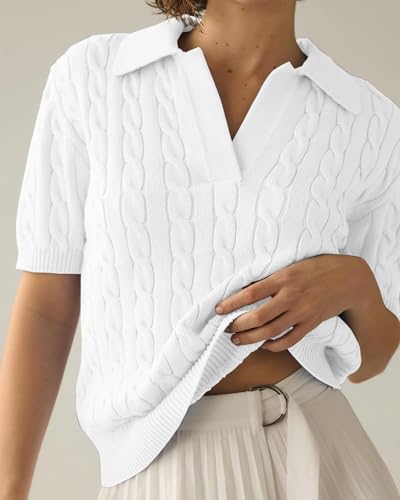 Image of Women's Cable Short Sleeve Sweaters Summer Casual Solid Lapel V Neck Knit Pullover Tops