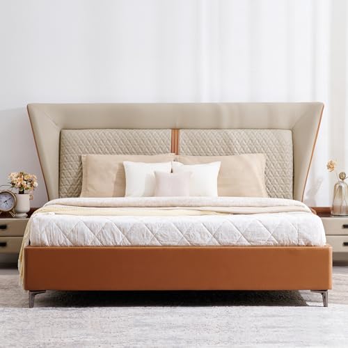 Image of Home Centre | Tiffany Caramel Faux Leather Queen Size Bed | Engineered Wood | Beige | 1 Year Warranty