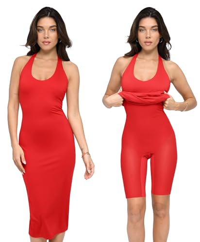 Popilush Shapewear Dress Red Halter Casual Dresses with Build in Shapewear Midi Casual Club Night Out Summer Dress for Women, Large