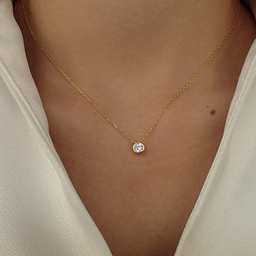 Tewiky Diamond Necklaces For Women, Dainty Gold Necklace 14K Gold Plated Simple Cz Diamond Solitaire Pendant Necklaces Cute Minimalist Gold Plated Choker Necklace For Women Girls Gifts #TOP1