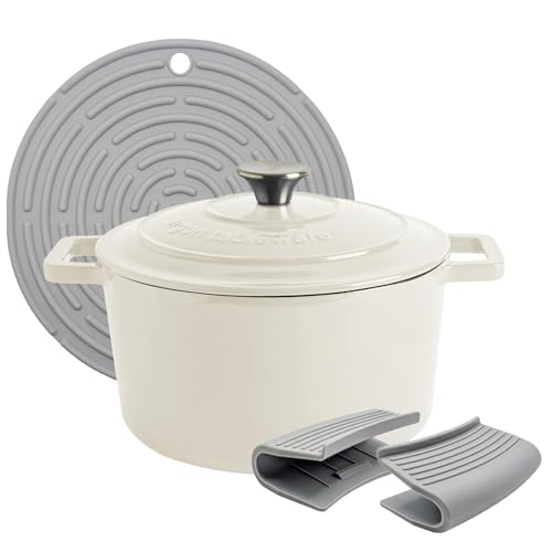 Argon Tableware 4.5L Round Cast Iron Casserole Dish with Self-Basting Lid - Pebble Gloss - Induction Hob Cooking 4.75QT Dutch Oven Bread Baking Serving Roasting Stew Stock Pot Pan