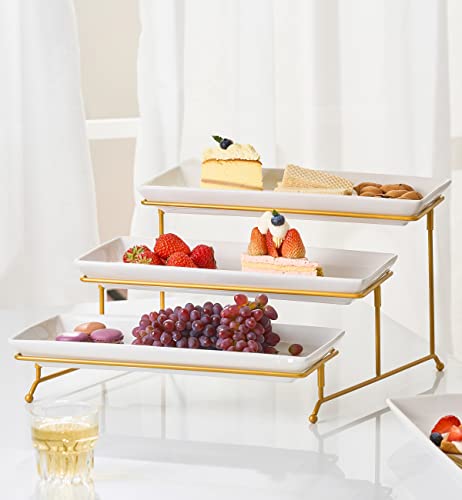 Large 3 Tier Serving Stand Tiered Serving Trays Collapsible Sturdier Rack With 3 Porcelain Serving Platters For Fruit Dessert Presentation Party Display Set, 14 Inch #TOP3