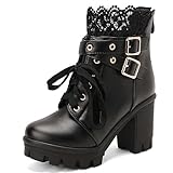 MEOTINA Goth Platform Boots Combat Boots Chunky Heel Ankle Booties for Women Punk Buckle Gothic Boot with Zipper Lace Up Dress Shoes Black/White