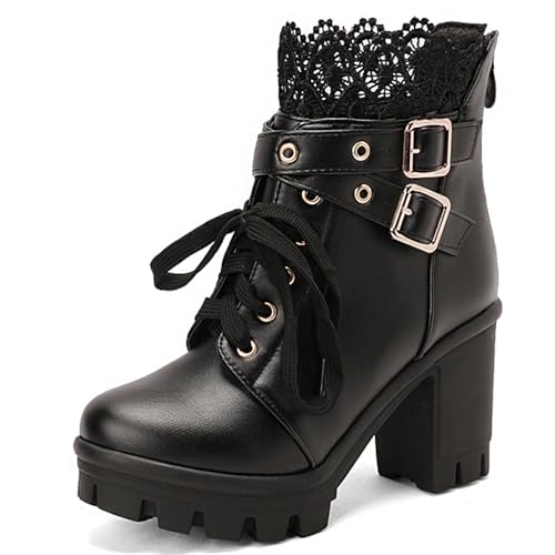 Image of MEOTINA Goth Platform Boots Combat Boots Chunky Heel Ankle Booties for Women Punk Buckle Gothic Boot with Zipper Lace Up Dress Shoes Black /White