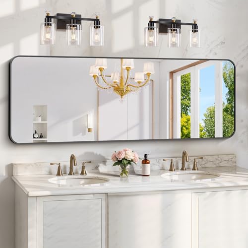 Image of KOCUUY 60 inchx20 inch Full Length Wall Mirror, Large Black Vanity Mirror with Rounded Corner & Metal Frame, Modern Design for Bathroom, Living Room, Entryway, Hang Horizontal /Vertical
