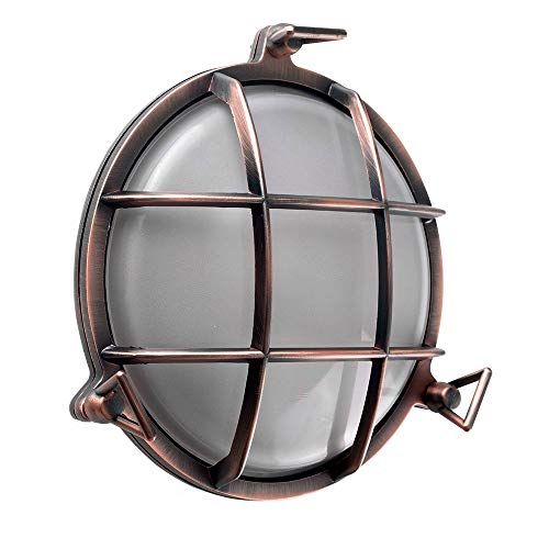 MiniSun | Modern IP66 Rated Metal Rustic Copper Effect Nautical Frosted Lens Outdoor Wall Light with Retro Style 8w LED ES E27 GLS Light Bulb | Outdoor Lights & Home/Garden Essential | Mains Wired