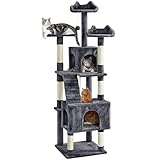 Yaheetech XL Cat Tree, 72in Multi-Level Cat Tower with 2 Cozy Caves, 3 Soft Perches, Scratching Posts, Board, and Dangling Ball, Pet Furniture Play House for Kittens/Cats, Dark Gray