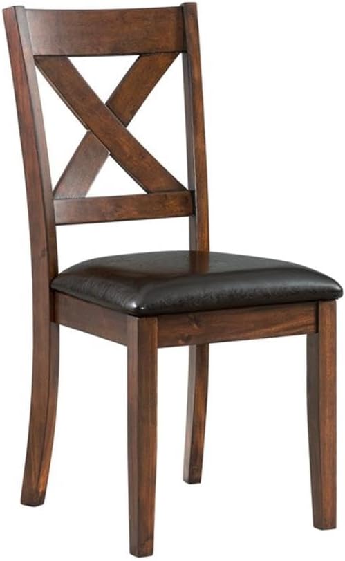 Bowery Hill 7 Piece Standard Height Dining Set, Cherry Finish, Rectangular Table with 6 Chairs, X-Back Design, Faux Leather Upholstered Seats, Foam Cushion, Chocolate Upholstery, Dining Room Furniture