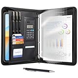 Leathario Portfolio Folder A4, Vegan Leather 4-Ring Conference Folder, Includes 10 Clear Sheet Protectors and a Pen, Multi-Pocket Travel Document Holder, Folder Organiser, Office Supplies