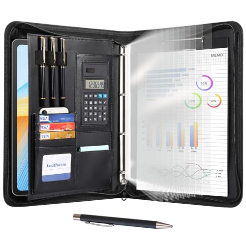 Leathario Portfolio Folder A4, Vegan Leather 4-Ring Conference Folder, Includes 10 Clear Sheet Protectors and a Pen, Multi-Pocket Travel Document Holder, Folder Organiser, Office Supplies