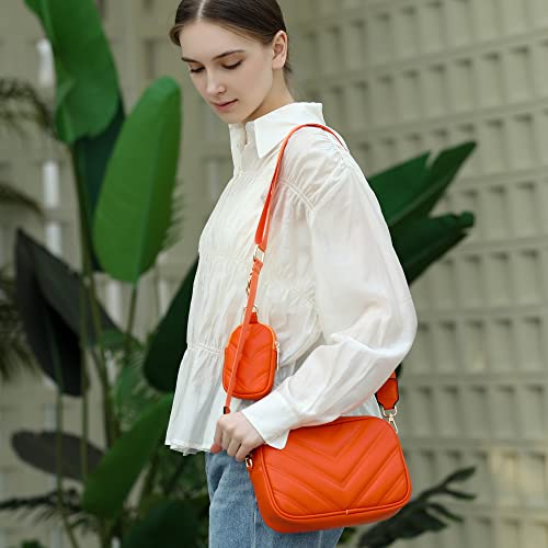 Image of Herald Chevron Quilted Small Crossbody Bag with Coin Purse Pouch, Women Square Camera Side Shoulder 2 Size Handbags (Orange)