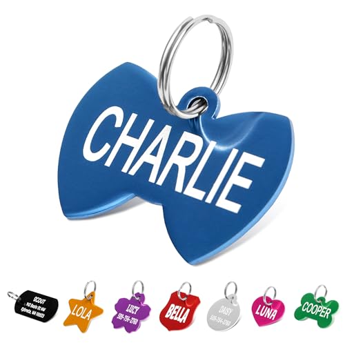 GoTags Dog Tags, Personalized Engraved Dog and Cat ID Tags for Pets, Custom Engraved on Both Sides, Various Shapes Including Bone, Round, Heart, Bow Tie, Star, and Badge (Bow Tie, Large - Pack of 1)