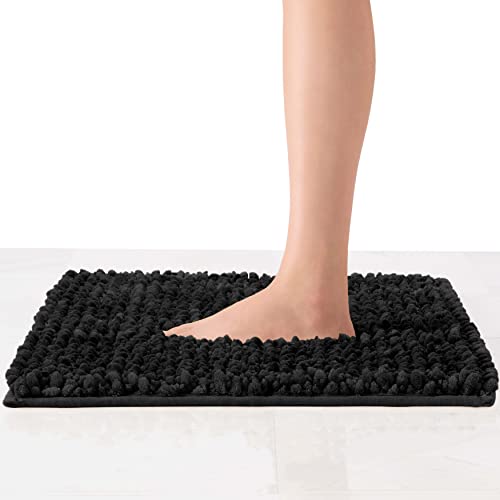 Laura Ashley Butter Chenille Bath Rug, Absorbent Shaggy Bathroom Mat, Non Slip Plush Carpet Rugs for Tub and Sink - (20" x 34") Black