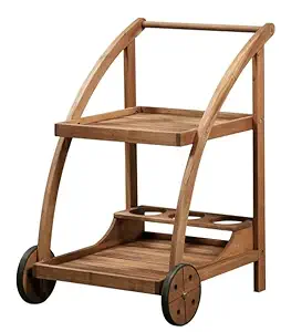Outdoor Serving Cart with Tray and Shelf, Teak Finish, Supported by Wheels