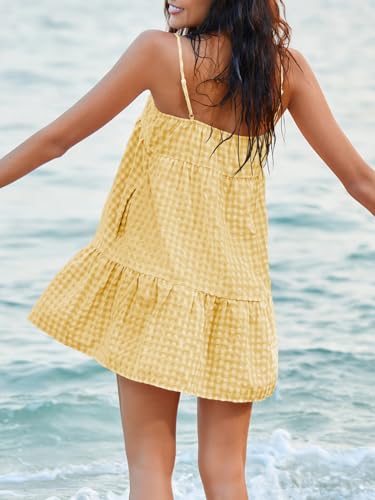 Image of Womens Summer Plaid A-line Sleeveless Casual Flowy Mini Sundress
