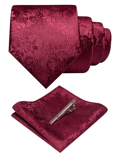 JEMYGINS Silk Burgundy Floral Tie Necktie and Pocket Square Hankerchief and Tie Bar Clip Sets for Men(55)