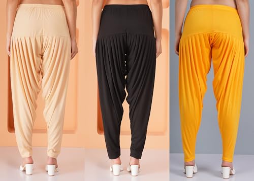 Image of Buy That Trendz Patiyala Pants for Women Pack of 3 Viscose Pants for Womens Patiyala Salwar Bottoms Light Skin-Black-Yellow XL