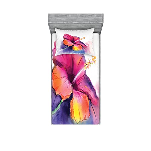 Ambesonne Floral 2 Pack Fitted Sheet & Pillow Sham Set, Hibiscus Flower Pastel, 4 Pcs Bedding Decor, Package Contains 2 Twin Size Fitted Sheets & 2 Pillow Covers, Pink Violet