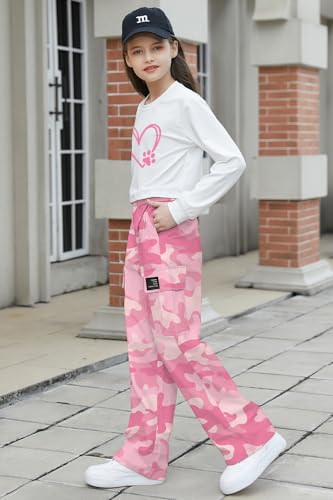 Image of Betusline Girl's 2 Piece Outfits, Cute Girls Fall Clothing Sets Cargo Pants + T-Shirt Top, 4T-14 Years