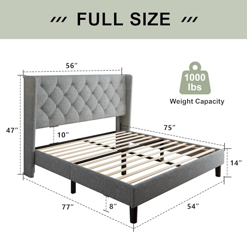 Image of Feonase Full Size Bed Frame with Upholstered Wingback Headboard, Platform Bed and Heavy Duty Wooden Slats Support, Easy Assembly, Noise-Free, No Box Spring Needed, Light Gray