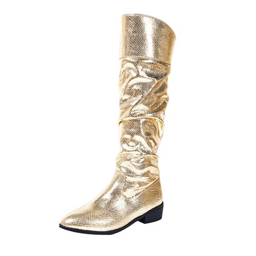 JBJYGSG Gold Hohe Damenstiefel Kniehohe Stiefel Damenschuhe Mode Western Cowgirls Damenstiefel Mode Cowboy Leder Damen Herbst/Wintermode(40)
