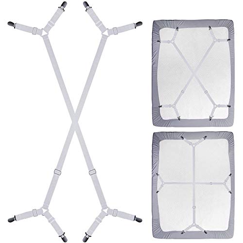 Sayopin - Tensor de sábanas ajustable, elástico, con clips de metal para colchón, tabla de planchar o sofá (4 unidades en cruz, clip/blanco)