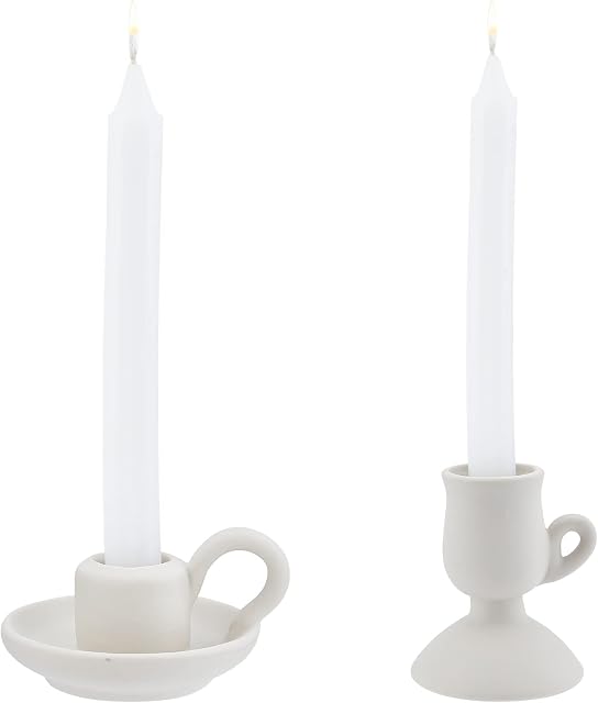AHANDMAKER 2 Styles Ceramic Taper Candle Holder, Nordic Style Candlestick with Handle, White Porcelain Candlelight Stand, for Home Wedding Party