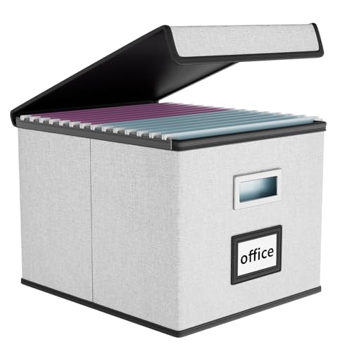 Huolewa Caixa organizadora de arquivos com tampa, organizador de pasta de arquivos dobrável para armazenamento de documentos de escritório, caixa de arquivamento com slide de plástico para arquivos