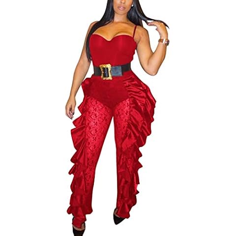 YSJERA Women's Floral Hollow Out Lace Spaghetti Strap Sexy Jumpsuits Ruffles Clubwear Bodycon Rompers(M,Red) Cover