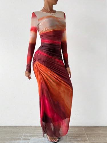 Image of Women's Tie Dye Long Sleeve Maxi Dress Mesh Bodycon Ruched Night Out Formal Cocktail Long Dress for Wedding Guest Party