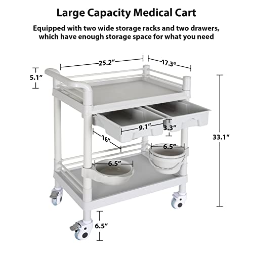 Medical Carts With Wheels 2-Shelf 330 Lbs Max Load Rolling Storage Cart With Drawers Beauty Salon Utility Cart Medical Cart With 2 Dirt Buckets Mobile Ultrasound Cart For Hospital Dental Clinic #TOP1