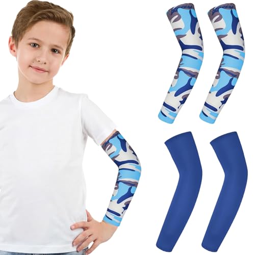 LUYANFX Manguitos Voleibol Baloncesto Niños Mangas para Brazos Protección sol 2 Pares Manguitos Proteccion Solar Manga L para Correr, Ciclismo, Skateboarding (Azul + Camuflaje)