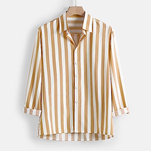 Work Shirt for Men Striped Casual Button down Shirt Regular Fit Band Collar Long Sleeve Shirt Beach Summer Fall Shirt3