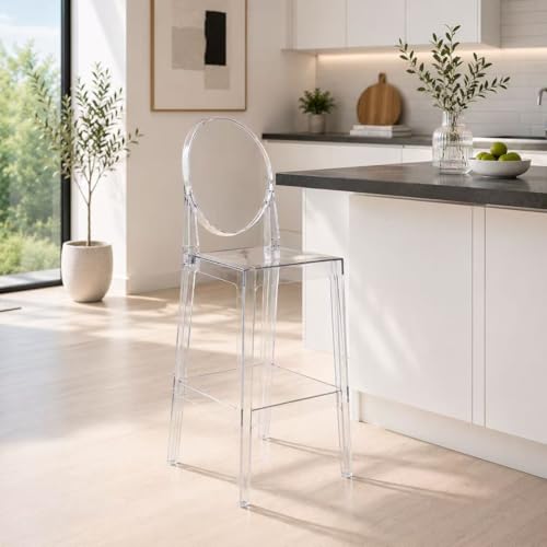 2xhome 30 Bar Height Stool | Oval Back Transparent Ghost Chair | Armless Polycarbonate Barstool with Footrest for Kitchen Island & Dining (Clear)