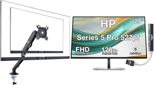 Image of HP Series 5 Pro 527pf 27 inch FHD IPS Monitor with 120 Hz 350 Nits, 5ms, Anti-Glare, Flicker Free, VESA Mount (100mm), Adjustable Height, Swivel w /DKZ Hub & ErgoFlexy Single Mount Arm- B28F5UT#ABA