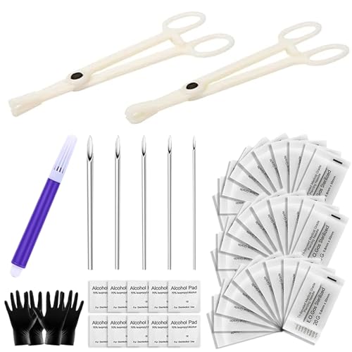 MIUXIA Piercing Needles Kit Ear Nose 40Pcs Piercing Kit Includes 25Pcs Piercing Needles 12G 14G 16G 18G 20G 2Pcs Piercing Clamps Clean Pads Gloves Marker Pen Septum Belly Lip Piercing Kit