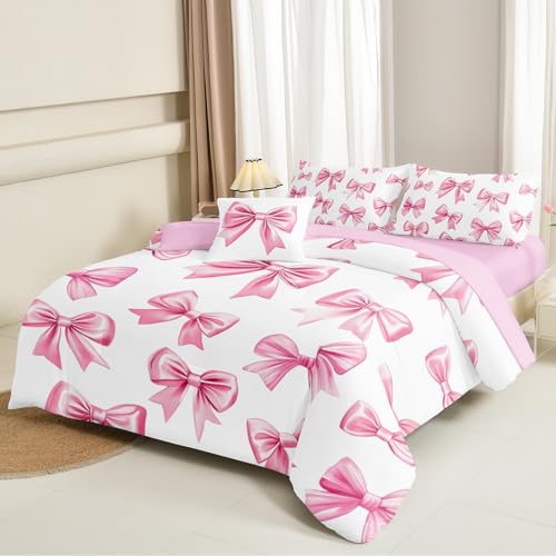 Image of DORCAS Bow Comforter Set Full Bed in A Bag for Girls,6 Pieces Pink Bow Bedding Sets with Sheets for Kids