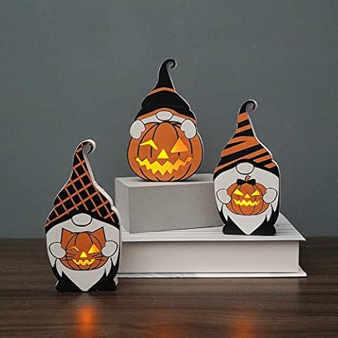 3PC Halloween Pumpkin Lighting Ornament, Wooden Lighted Tabletop Decoration for Party Bedroom Living Room Cover