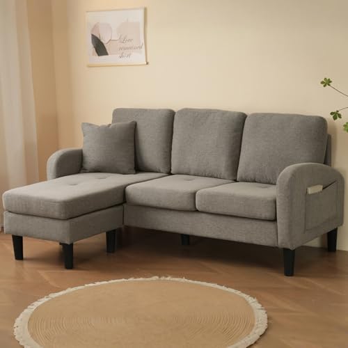 KOMHTOM Canapé Angle Modulable 166 cm, Tissu Lin Coton, Méridienne Réversible, Canapé 3 Places Confortable Forme L pour Petit Espace Salon Appartement...