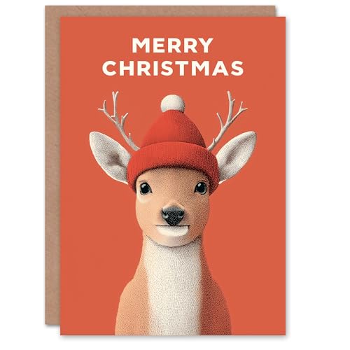 Artery8 Christmas Card Cute Reindeer Calf Wearing a Red Knitted Hat