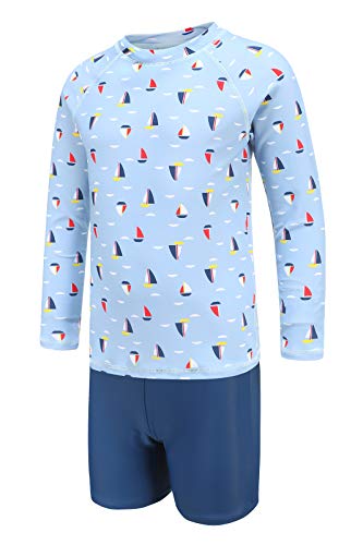 Image of Boys Long Sleeve Rash Guard Swim Trunk Swimsuits Kids Sun Protective Sunsuits Swimwear Set Sailing Boat Size 12 /10-12