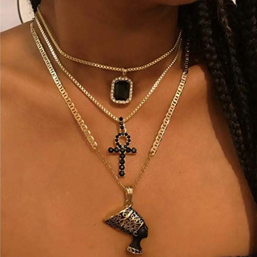 Twinklede Boho Layered Necklace Gold Rhinestone Pendant Necklaces Chain Nefertiti Necklace Jewelry for Women and Girls (Gold 2)