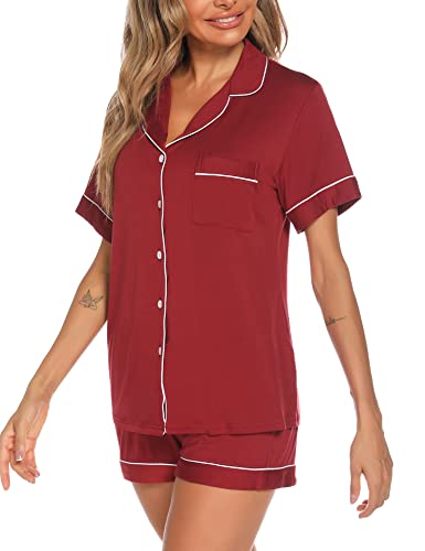 Image of Aamikast Button Up Pajama Set for Women Shorts Short Sleeve Knit Sleepwear 2 Pice Pjs Sets