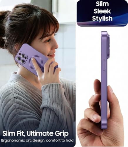 Image of DIZORO Magnetic Case for iPhone 15 Pro Max [Compatible with MagSafe][Built-in Camera Lens Protector] Slim Soft Silicone Bumper Shockproof Metallic Luster Back Cover Phone Case - Deep Purple