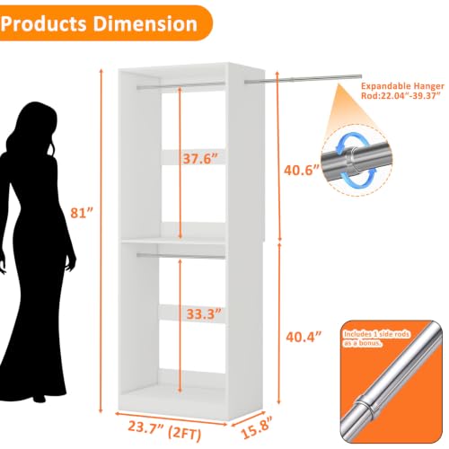Image of 2-5FT Walk in Closet System with Double Hanging Rods, 81 inch Tall Closet Organizer System Tower, Wooden Closet Storage Cabinet with Side Rod, White
