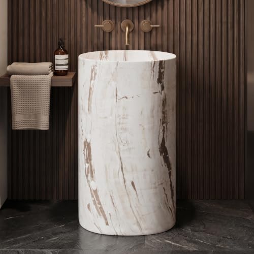 Image of BASSINO 20x14x33 Inch Pedestal Wash Basin /Free Standing Wash Basin /7 Years Warranty /Oval Ceramic One Piece Pedestal Sink for Bathroom /Living Room /Floor Mounted Washbasin(Matt White-Brown Mix Marble)
