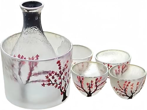 ZanLore 冷酒器セット 酒グラスコレクション 冷酒 徳利 熱燗器 大容量 300ml 無鉛ガラス 透明 厚い手 丸い角 軽量 耐熱 おしゃれ 和風 手描きの桜の模様付き ワインクーラー 和酒器 熱燗セット 居酒屋 清バー屋 清酒 梅酒 カフェ 家庭用
