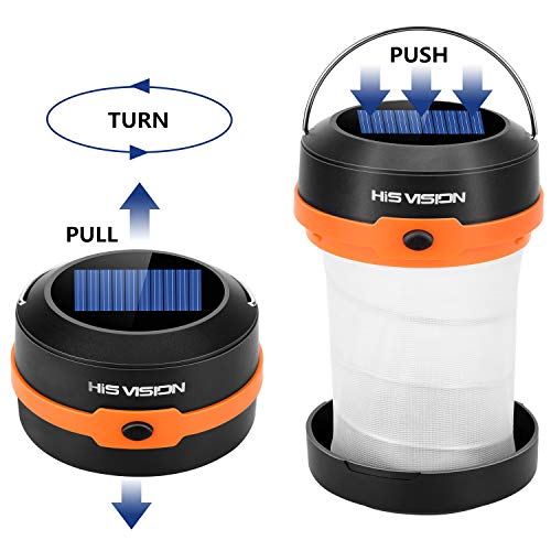 HISVISION Solar Powered LED Camping Lantern, Collapsible Solar or USB Rechargeable, Emergency Charger for Phone, Portable 4 Modes LED Lights for Camping Hiking Fishing Emergency Outdoor & Home